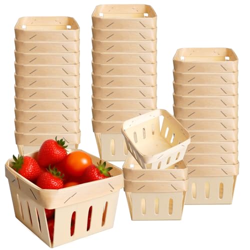 CONEHOY 34 Pieces Wooden Berry Basket Bulk 4 x 4 x 2.6 Inch One Pint Square Small Wooden Picking Boxes Vented Gift Baskets for Food Storage Spring Party Decorations Baby Shower