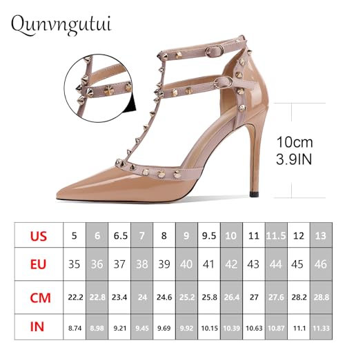 Womens Pointed Toe T-Trap Ankle Trap Hollow Buckle 3.9IN Stiletto High Heels Rivets Banquets Parties Dressy Sexy Closed Toe Pums3