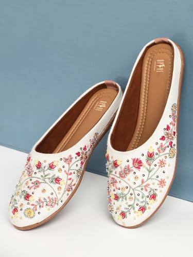 Image of OPIVE's Mehandi Women's Mojari Jutti Ethnic Punjabi Juttis Traditional Flat Embroidered Canvas Fancy Bellies Comfortable Sole for Womens & Girls
