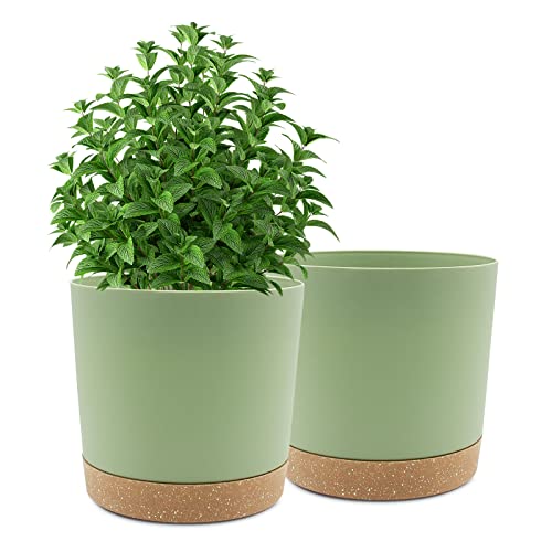 QCQHDU Plant Pots Set of 2 Pack 10 inch,Planters for Indoor Plants with Drainage Holes and Removable Base,Saucer Modern Decorative for Outdoor Garden Planters(Green 10in)