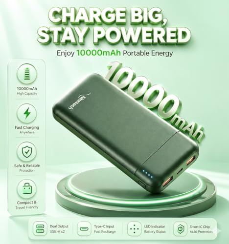 Image of Nextech Slender 10000mAh Fast Charging Power Bank 22.5W PD QC 3.0, Ultra Slim Mini Powerbank with Type C Output, Compact Portable Charger for iPhone, Android Smartphones, Tablets - Green