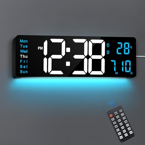 Image of Maxstar 16 inch Digital Wall Clock with Music,Large LED Display,Remote control,Dual Alarm,DST,Date,Week,Dimmer,Temperatur,Jumbo Number,Night Light for Living Room|Office|Kitchen|Farmhouse|Desk Decor(Blue)