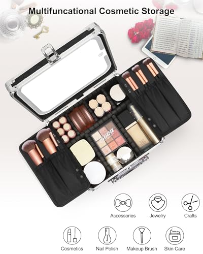 Image of Relavel Makeup Bag with LED Mirror, Makeup Box Travel Train Case with Rechargeable Lighted Mirror, Cosmetic Brush Organizer Storage for Makeup Artists Gifts for Women and Girls (Black Quilted, Small)