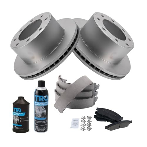 Image of TRQ Rear Brake Pad & Rotor Kit, with Chemical Kit Parking Brake Shoe Set Ceramic Premium G-Coated Compatible with 2008-2010 Ford F-250 Super Duty 2005-2012 F-350 Super Duty