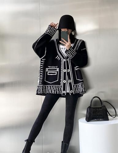 Image of Women Print Graffiti Unique Cardigan Sweater Y2k Fake Pocket Long Sleeve Button Up Open Front Knit Sweaters Coat