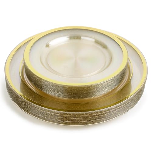 Assiette Reutilisable - 40 Assiettes Plates Plastique Premium sans BPA avec Bord Doré (26cm & 19cm) - Rigide et Élégante pour Mariages, Anniversaires & Cocktails