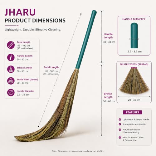 Image of Natural Grass Broom for Home Cleaning | Phool Jhadu with Ergonomic Handle | Lightweight Long Handle Floor Broom's for Indoor & Outdoor Sweeping | Soft Grass Broom for Tile, Marble & Wooden Floors