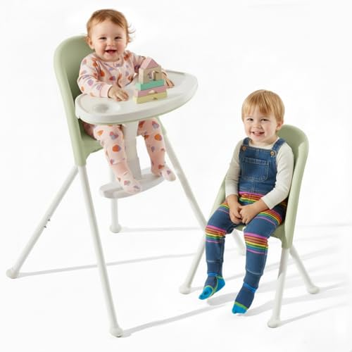 Image of Mallify Foldable High Chair, Space-Saving Portable Baby High Chair with Removable Double Tray, Modern Convertible Baby Feeding Chair, Lightweight, Easy to Clean, Green