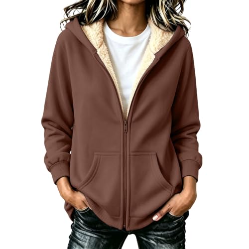 Fleece Jacket Women Sherpa Lined Full Zip Hoodies Casual Warm Coats Brown - image 5