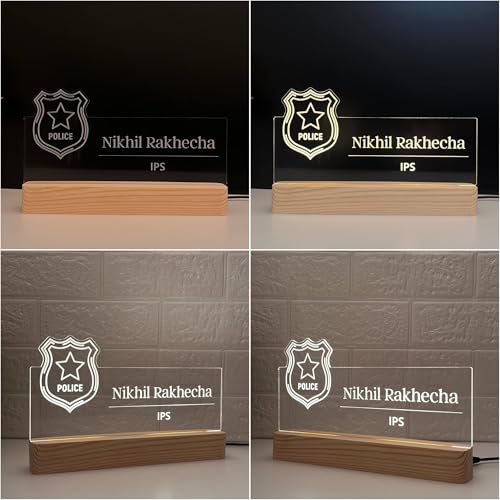 Image of Personalized Acrylic Desk Name Lamp for Police Officers | Custom LED Light with Name, Designation & Badge Logo | Inspector, DSP, SP, DCP, SSP, IPS Officer Gift | Best Police Service Gift (10 x 6 inch) (For Police Officer)