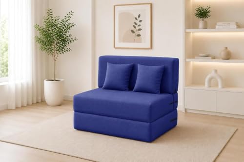 Image of Los Angeles Foldable One Seater Sofa Cum Bed, Sofa Bed 3 X 6 Feet Jute Fabric Washable Cover- Including Two Cushion Perfect for Living Room & Office - Blue Color
