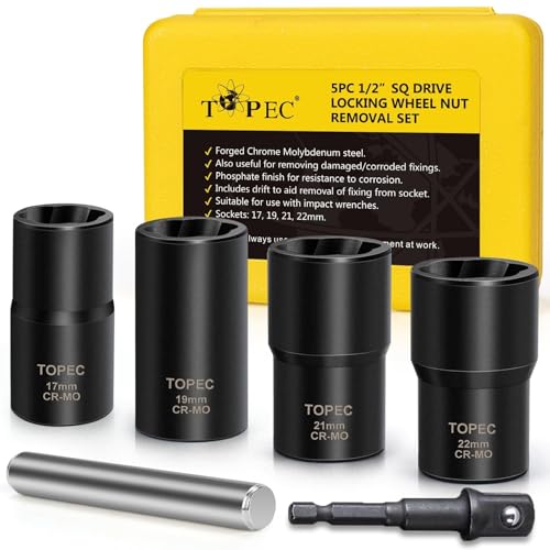Topec 6PCS Wheel Lock Removal Kit 1/2-Inch Drive Lug Nut Removal Tool 17 19 21 22mm Stripped Lug Nut Remover Extractor Socket Set for Broken Damaged Rounded Bolts