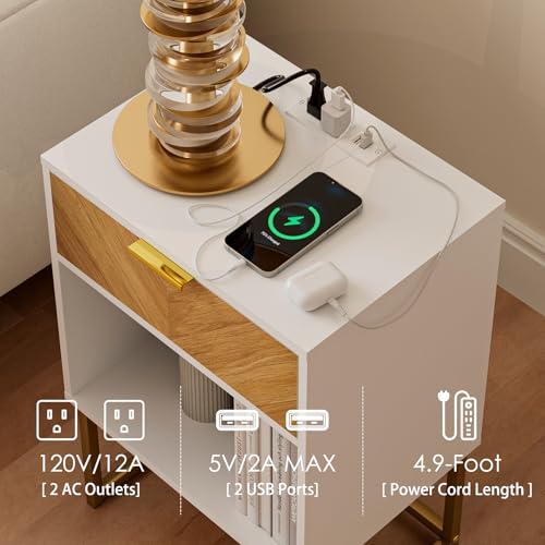 Image of Masupu Nightstand with Charging Station,Modern Night Stand Boho Farmhouse Wood Bedside Table with Storage Drawer Side End Table for Bedroom,Living Room,Office,White with Outlet