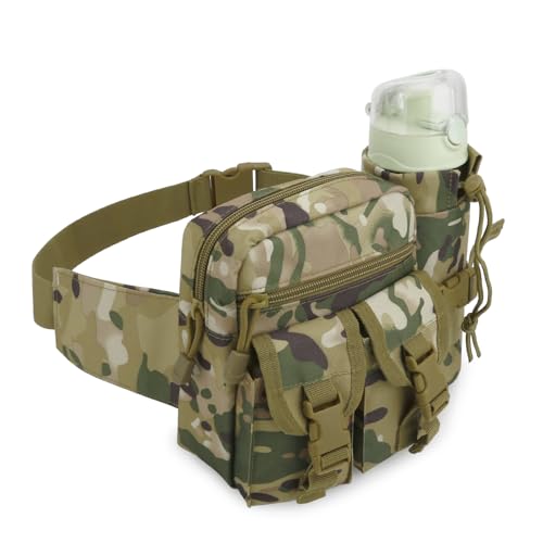 DOB SECHS Hiking Waist Bag with Detachable Water Bottle Holder and Adjustable Waist Belt Oxford Fanny Pack for Men Women Causal Belt Bag for Travel Outdoor Fishing Hiking Hunting,Light Camouflage
