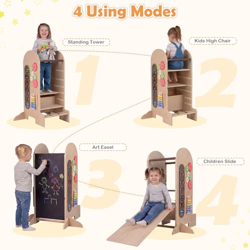Image of Costzon Toddler Step Stool, 4-in-1 Kids Kitchen Standing Tower with Adjustable Height, Chalkboard & Slide, Montessori Games, Safety Rails & Anti-tip Feet, Wooden Children High Chair for Boys & Girl