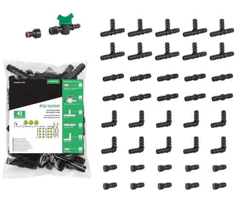 42 accessori per irrigazione a goccia 16 mm – Set di connettori con connettore per rubinetto, pezzi a T, tappi a L, tappi terminali – per tubo antigoccia da giardino da 16 mm