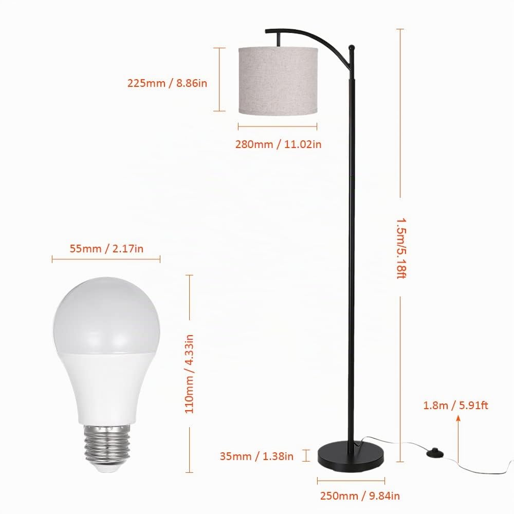 Lampada da Terra Salotto 1.6M, Lampada da Terra ad Arco 720LM 3000K Bianco Caldo, Piantana LED con una Lampadina LED da 9W(E27), Paralume in Lino Beige, Base in Ferro, per Camera da Letto, Soggiorno