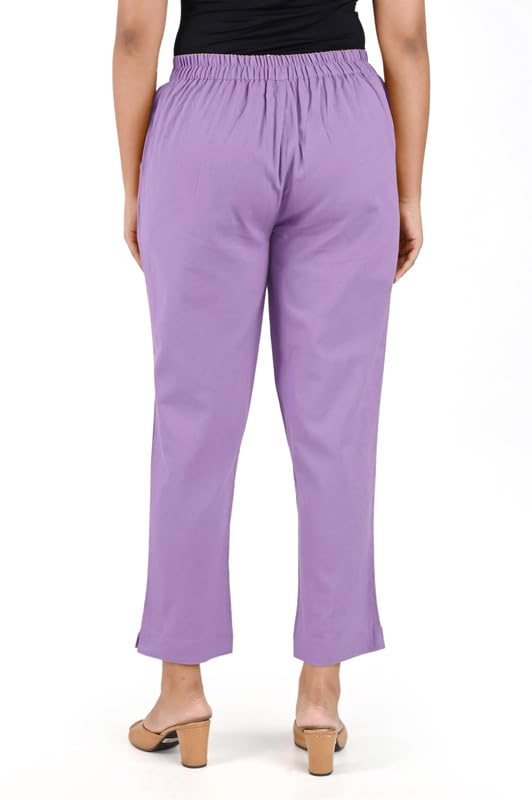 Image of Women's Solid Straight Fit 100% Cotton Trousers | High Waist, Side Pockets, Ankle Length Pants for Office, Casual