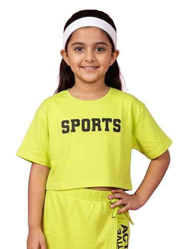 Image of KiddoPanti Girls 100% Cotton Solid Drop Shoulder Half Sleeve Round Neck Crop Tee