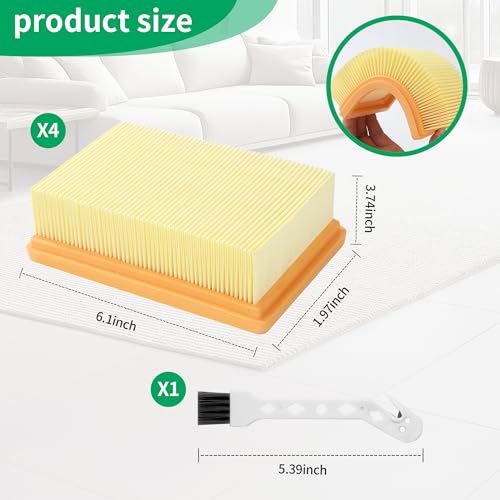 4 Stück Flachfaltenfilter für Kärcher Staubsauger,für Kärcher Staubsauger Mehrzwecksaugern WD4, WD5, WD6, MV4, MV5, MV6 Filter Ersatzmit 1 kleinen Bürste