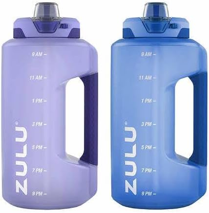 ZULU Goals Half Gallon Plastic Jug with Time Marker and Carry Loop, Leak-Proof Lid, Soft Grip and BPA Free, 64 oz, 2 Pack