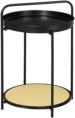 Table D'Appoint HOMEWINS - Double Plateau Amovible - Métal Noir Ø37x52 Cm - Pour Salon Et Chambre