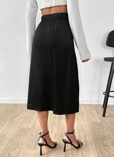 Herou Women's Casual Satin Skirt Elastic Waistband High Waisted Midi Skirts with Slit Elegant Work Office Skirts2