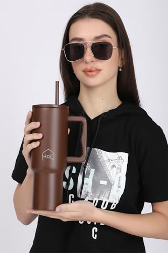 Image of House of Quirk 1200ML Stainless Steel Tumbler with Handle & Lid, 2 Straws - Large Travel Mug Water Cup for Gym, Office & Outdoor Use (Chocolate)