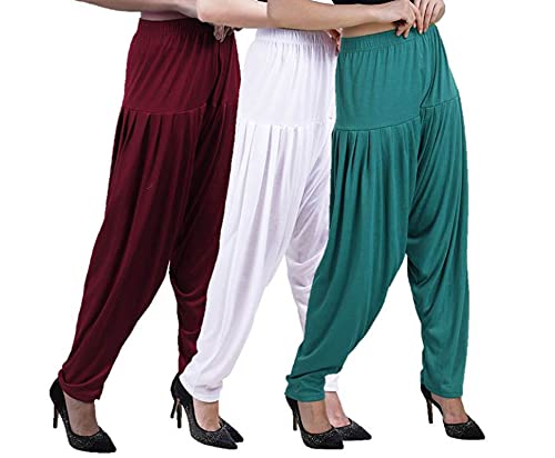 Image of Casuals Women's Regular Fit Viscose Drawstring Patiala Harem Pants Combo Pack 3 (Maroon :: White :: Z.Green,L)