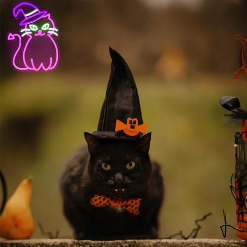 Image of Pink Cat with Witch Hat Neon Sign Halloween LED Light for Room Party Decor | Dimmable Animal Neon Light for Bedroom, Witch Cat Light Up Sign, Acrylic LED Signs for Wall Bar, USB Powered, Halloween Gifts
