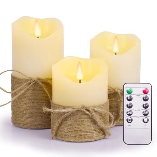 Image of 3Pcs LED Flameless Pillar Candles for Home Wedding Party Decor | Realistic 3D flicker hemp rope LED candles 4 inch /5 inch /6 inch, battery‑run. Equipped with remote timer for versatile indoor decor.