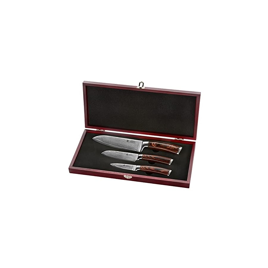 Wakoli Damascus Kitchen Knife Set, 3 Pieces Professional Chef Knife Set made from 67 Layers Damascus Steel with VG10 Core, Knives Set for Kitchen with Pakkawood Handles in Wooden Gift Box (EDIB 3-pcs)