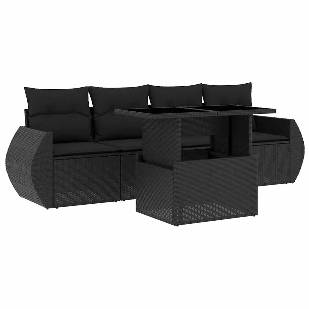 5 TLG. Juego de calcetines de jardín negro, ratán poli, mesa ajustable, resistente a los rayos UV, muebles modulares de exterior para terraza y balcón, incluye cojines