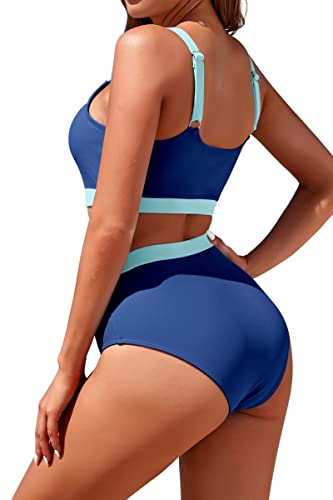 Image of Womens High Waisted Bikini Sets Sporty Crop Top Color Block Swimwear Bandeau Scoop Neck Vintage Two Piece Bathing Suits