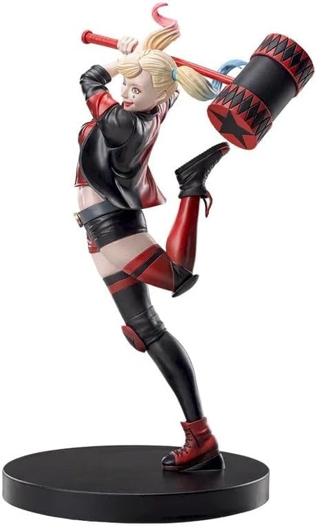 DC Comics Harley Quin Action Figure, Dynamic Pose with Hammer, Collectible Statue on Black Base