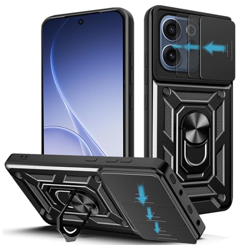 Loyhee Cover per OPPO Reno 15 / Reno 15 F/Reno 15 FS 5G, Custodia con Scorrevole Fotocamera Proteggi Supporto di Anello Rotante Hard PC Back Cover e TPU Bumper AntiGraffio Antiurto Case - Nero