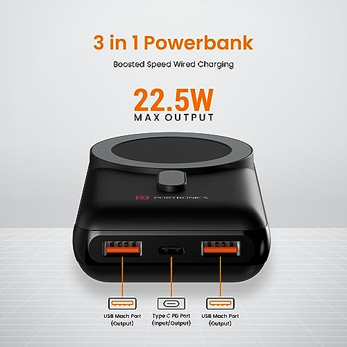 Image of Portronics Wirecell 10 10000mAh 15W Magnetic Wireless Power Bank with 22.5 Wired Output Compatible with iPhone 12 & Above, Samsung Galaxy Z Fold 2, S20 FE, S6 Edge & Other QI enables Devices(Black)