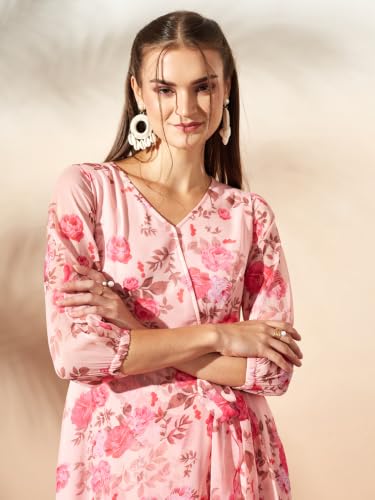Image of Miss Chase Women's Multicolored Black Floral V-Neck 3 /4 Sleeve Wrap Chiffon Midi Dress