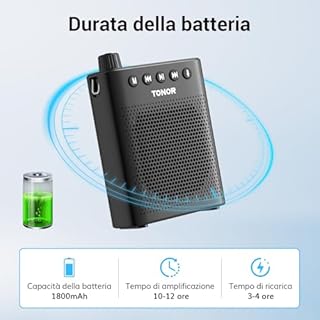 TONOR Amplificatore vocale portatile per insegnanti, altoparlante microfono Bluetooth ricaricabile con microfono auricolare cablato e cintura per yoga/discorso/riunioni/guide turistiche, 100 cm, K10