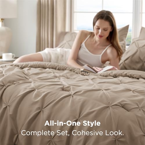 Image of Bedsure Full Size Comforter Sets Khaki - Bed in a Bag Full Size Bedding Set 7 PCS, GentleSoft Pintuck Bed Set Gift for Family, All Season Down Alternative Comforter with Sheets, Pillowcases & Shams