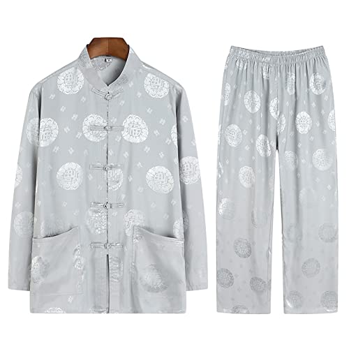 Kung Fu Clothing Chinese Traditional Clothes Kung Fu Shirt Uniform Long Sleeved Coat Tops and Pants Grey-L