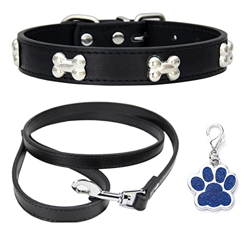 HALFSUMO Leather Dog Collar Dog Collar Combo Set Dog Collars Adjustable Puppy Collar for Small Medium Dogs Cats Black M