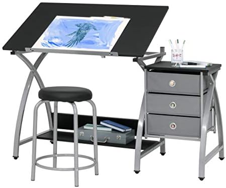SD STUDIO DESIGNS 2 Piece Comet Craft Table | Angle Adjustable Top and Stool | Silver/Black