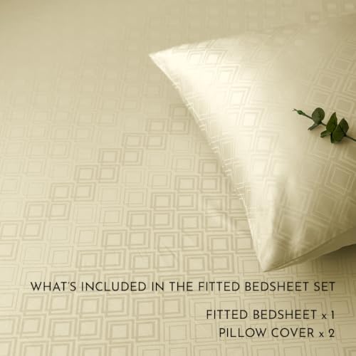 Image of Blue Dahlia 100% Cotton, King Size /Double, Elastic Fitted Bedsheet (72 inchx78 inch) + 2 Pillow Covers,Fits Upto 10 inch Mattress, 300TC Premium Bedsheet, Dazzling Diamond Jacquard - Ivory