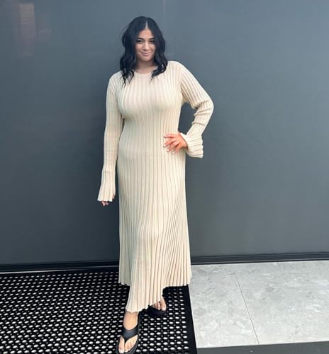 Image of Women's Long Sleeve Sweater Dress Ankle Length Fall Dress Vneck Knit Winter Dress