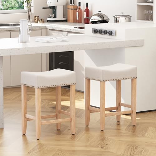 Furniliving Bar Stools Set of 2,25.7 inch Counter Height Bar Stools,Upholstered Kitchen Barstools with Solid Wooden Legs, Saddle Stools for Kitchen Island, Bar, Cafe, Beige