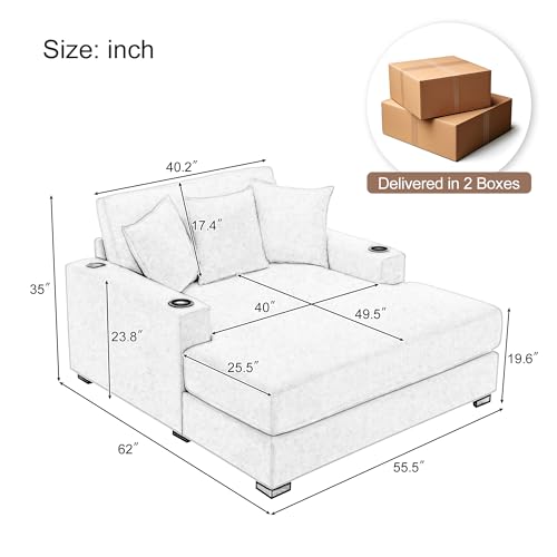 Image of Merax Modern 55 inch Chaise Lounge with Pillow, Charge Station & Cup Holders,Upholstered Sofa Recliner Chair for Living Room Bedroom Cream