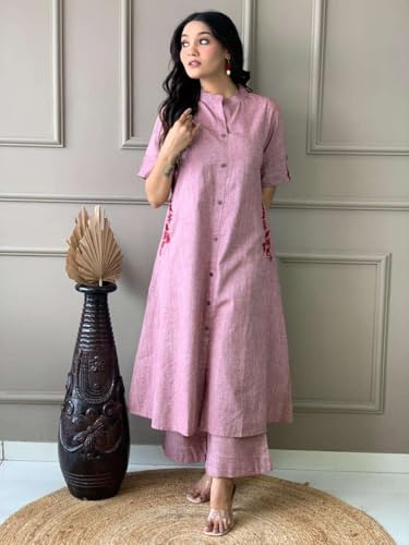 Image of Women's Cotton Embroiderd Long A-Line Kurti with Palazzo