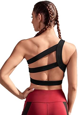 Verdusa Women's One Shoulder Backless Padded Support Yoga Sports Bra Black M