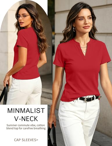 Image of Meetrendi Women's Notch V Neck T-Shirt Slim Fit Premium Cotton Blend Short Top